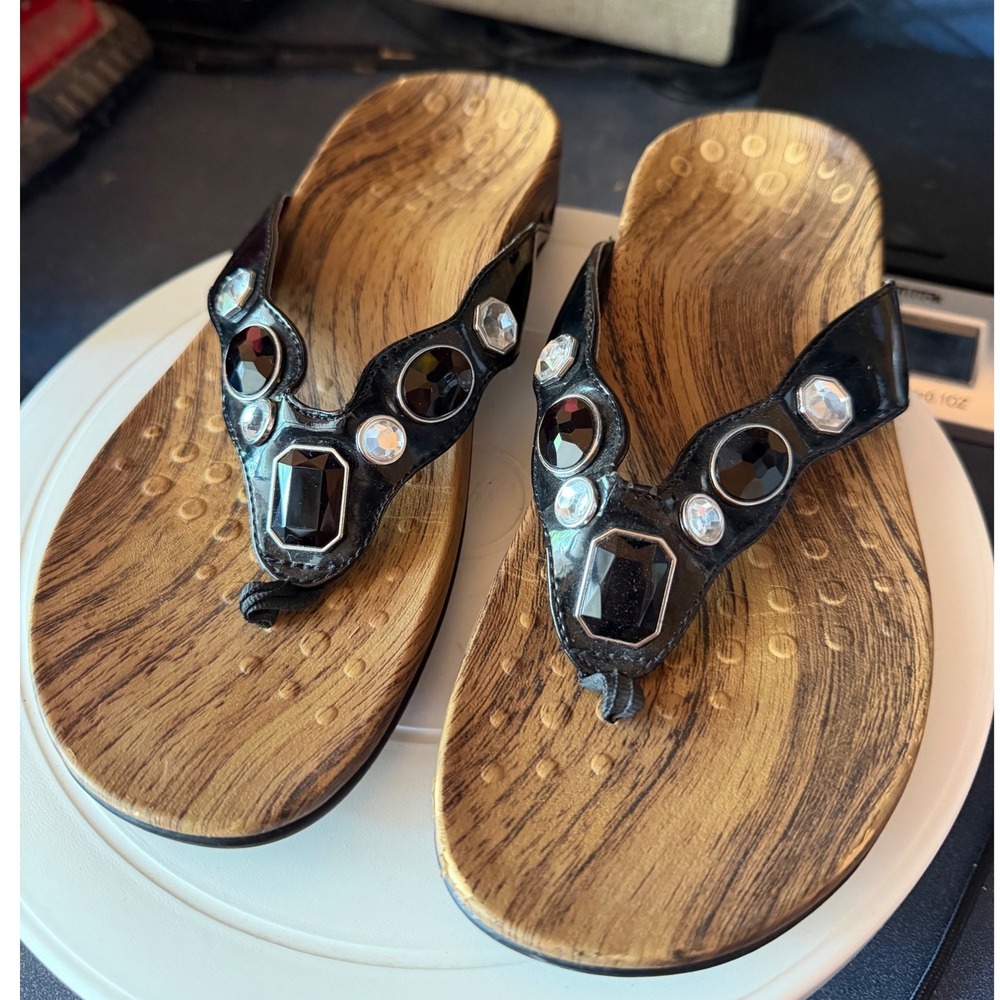Vionic Orthaheel Womens Black Rhinestone Wood Grain Orthotic Sandals Size 7